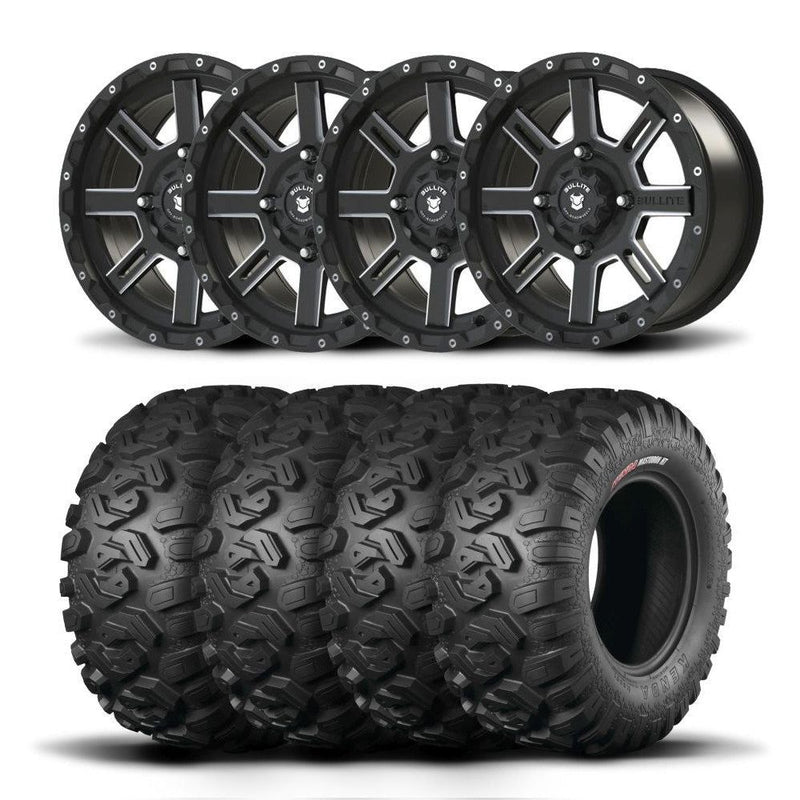 Load image into Gallery viewer, Set of Four Bullite Lancer Wheels 15&quot; Black And Kenda K3201 Mastodon HT Tires [33x10R-15]
