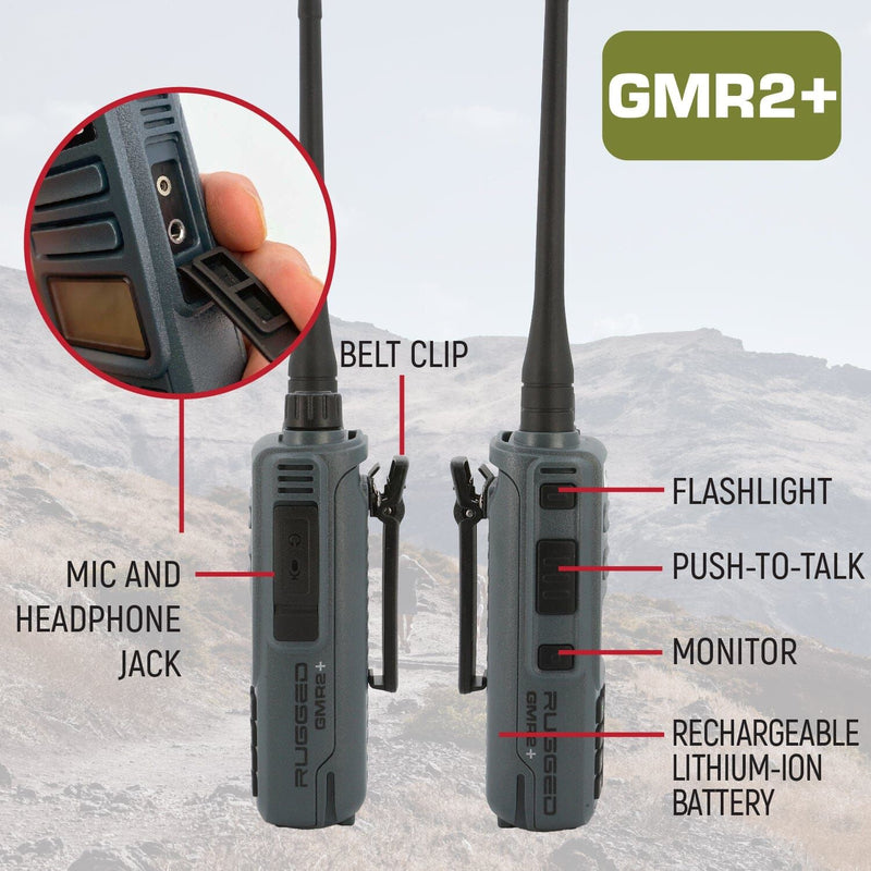 Load image into Gallery viewer, Rugged Radios ADVENTURE PACK - 2 PACK - GMR2 PLUS GMRS and FRS Two Way Handheld Radios with XL Batteries and Long Range Antennas - Grey RUGGED-ADVENTURE-PACK
