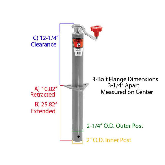 Bulldog Round Trailer Jack, A-Frame, 5,000 lbs. Lift Capacity, Top Wind, Bolt-On, 15 in. Travel