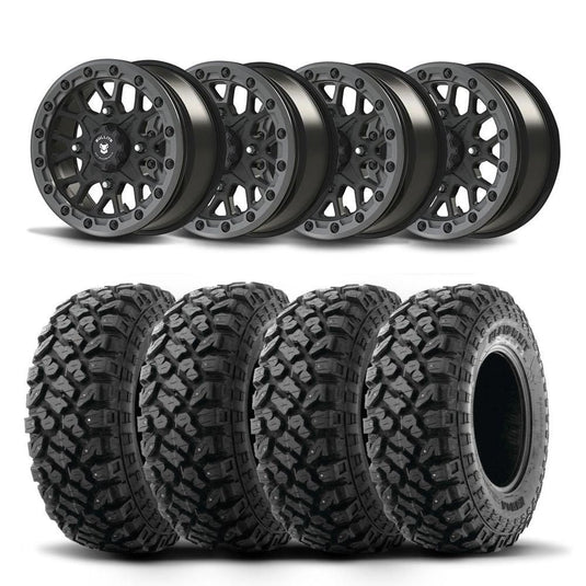 Set of Four Bullite Rider Wheels 14" Gray And Kenda K3204R Klever XT Tires [28x10R-14]