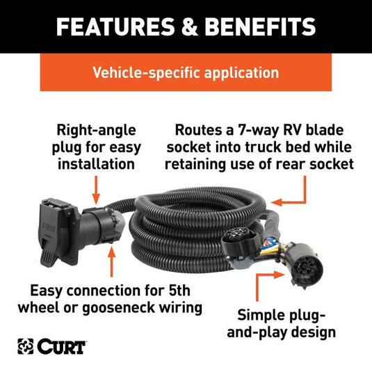 Curt 10' Custom Wiring Extension Harness (Adds 7-Way RV Blade style plug to Pickup Bed), fits Select Ford, Ram, Nissan, Toyota