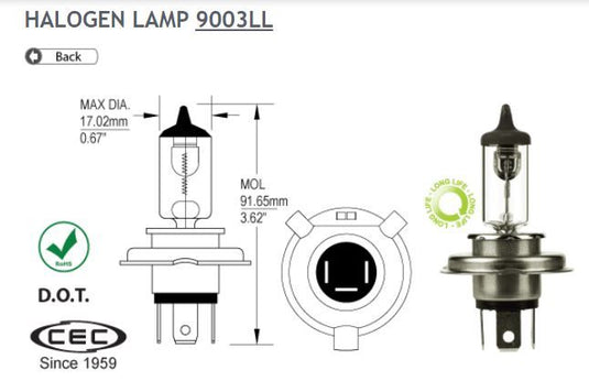 9003LL, T4, Long-Life 67/61 Watt, Halogen, P43t, Headlight Bulb - Application Specific