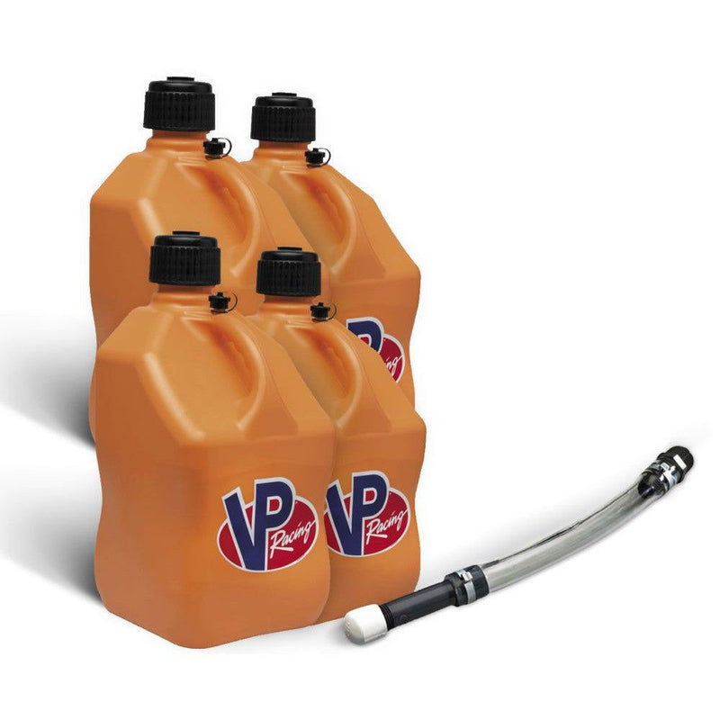Load image into Gallery viewer, VP Racing 4 Pack Orange 5.5 Gallon Square Utility Jugs + Deluxe Fill Hose
