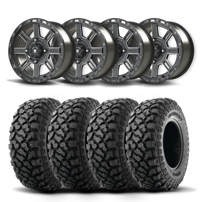 Load image into Gallery viewer, Set of Four Bullite Lancer Wheels 14&quot; Black And Kenda K3204R Klever XT Tires [27x11R-14]
