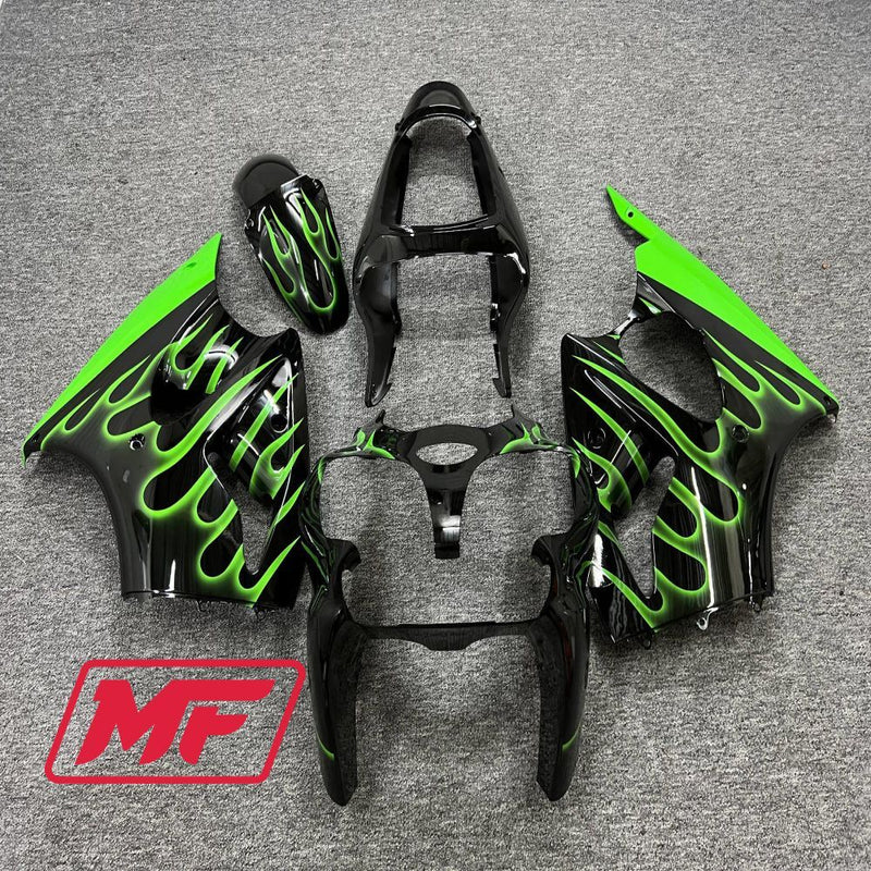 Load image into Gallery viewer, Monster Fairings Full Kit Kawasaki ZX-6R 00-02 Gloss Flame Green and Black + Windshield + Gas Tank Cover

