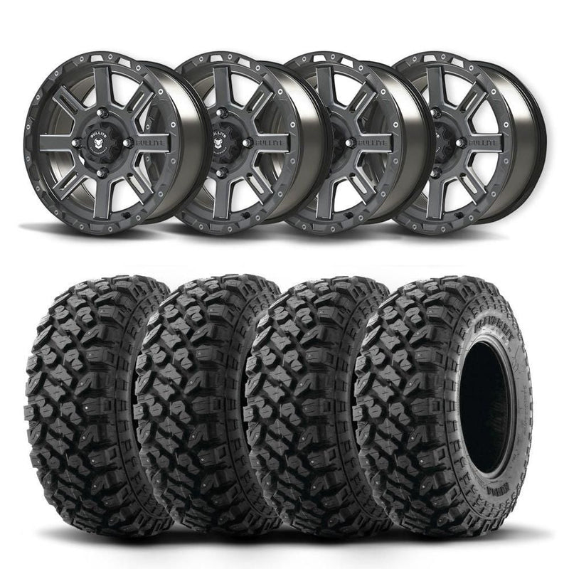 Load image into Gallery viewer, Set of Four Bullite Lancer Wheels 14&quot; Black And Kenda K3204R Klever XT Tires [28x10R-14]
