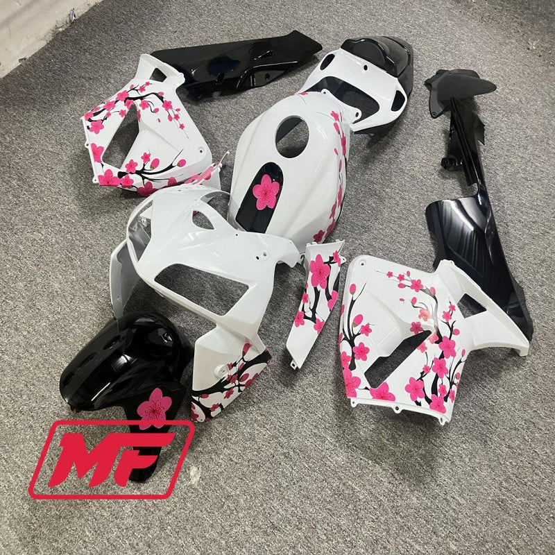 Load image into Gallery viewer, Monster Fairings Full Kit Honda CBR600RR 05-06 Gloss Black and White Split with Cherry Blossom + Windshield + Gas Tank Cover
