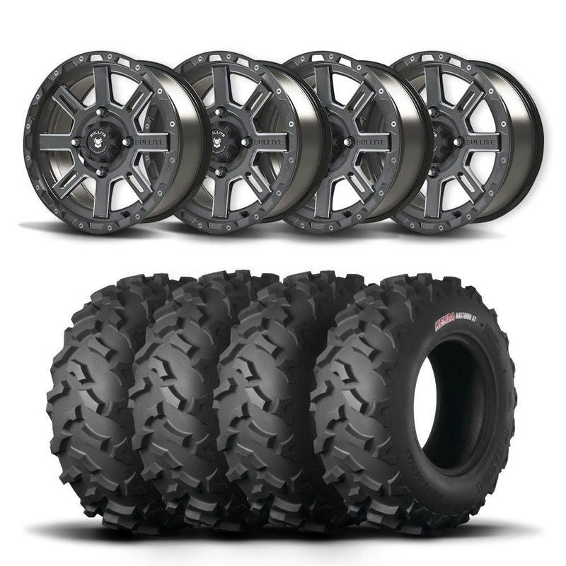Load image into Gallery viewer, Set of Four Bullite Lancer Wheels 14&quot; Black And Kenda K3203 Mastodon AT Tires [28x9R-14]
