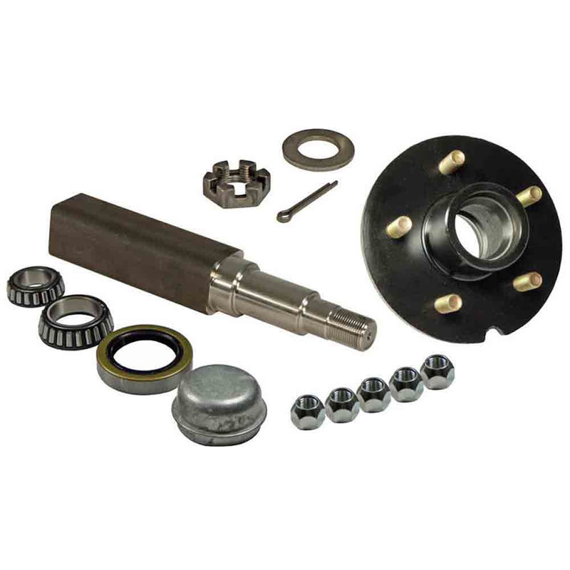 Load image into Gallery viewer, Single - 5-Bolt On 4-1/2 Inch Hub Assembly - Includes (1) Square Stock 1-3/8 Inch To 1-1/16 Inch Tapered Spindle &amp; Bearings
