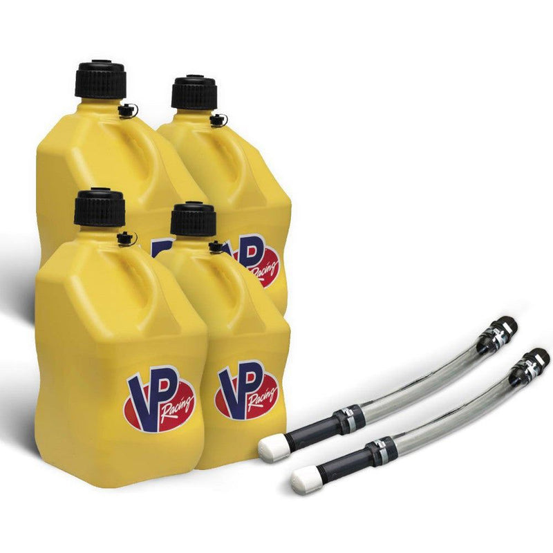 Load image into Gallery viewer, VP Racing 4 Pack Yellow 5.5 Gallon Square Utility Jugs + 2 Deluxe Fill Hoses
