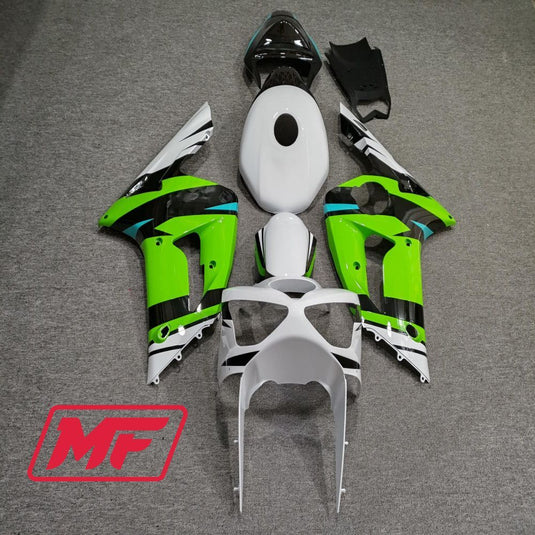 Monster Fairings Full Kit Kawasaki ZX-6R 03-04 Gloss Green and White + Windshield + Gas Tank Cover