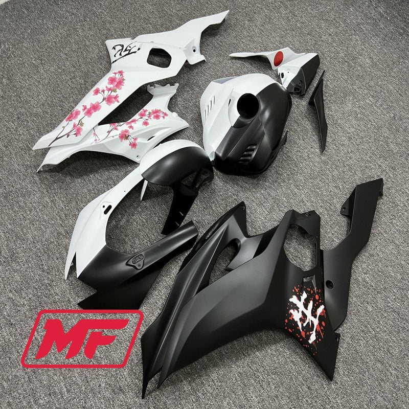 Load image into Gallery viewer, Monster Fairings Full Kit Yamaha R6 17-22 Matte Black And White Split Cherry Blossom + Windshield + Gas Tank Cover
