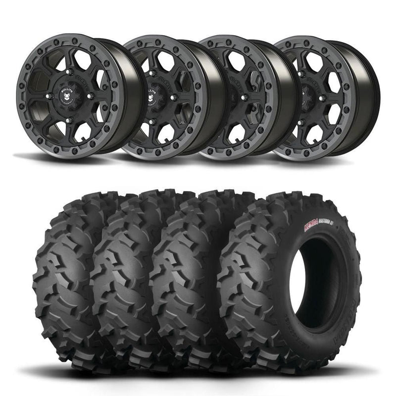 Load image into Gallery viewer, Set of Four Bullite Ruler Wheels 14&quot; Gray And Kenda K3203 Mastodon AT Tires [28x9R-14]
