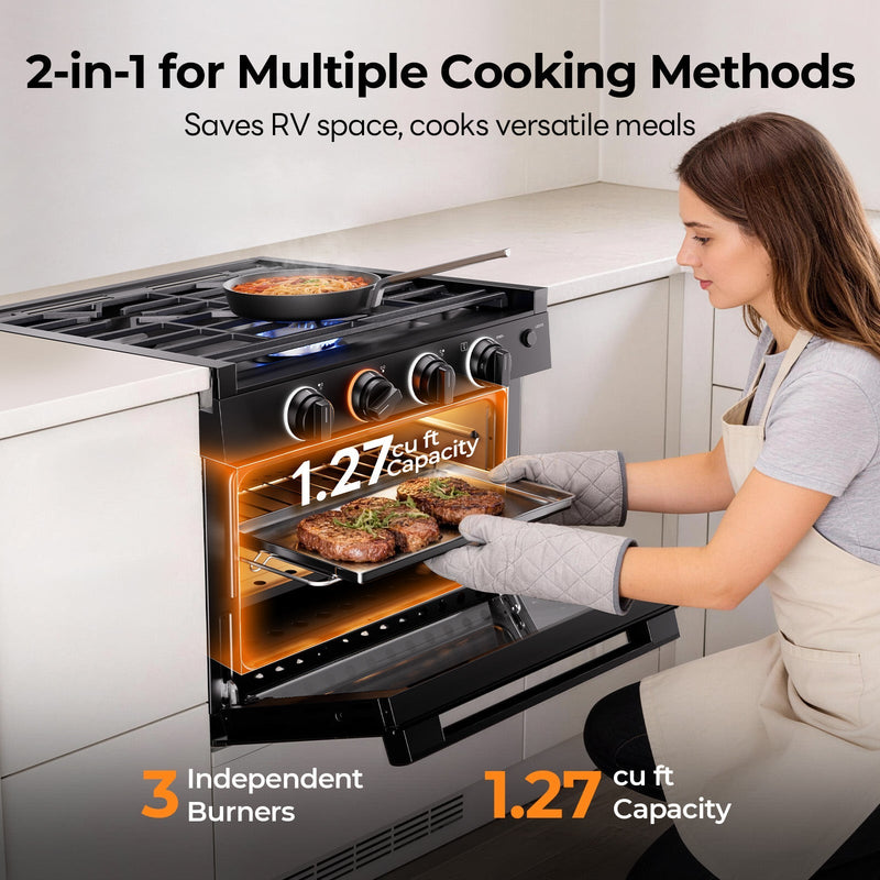 Load image into Gallery viewer, FOGATTI 17-Inch RV Oven Stove Combo, 3 Burner Propane Gas Range for Travel Trailer &amp; Camper
