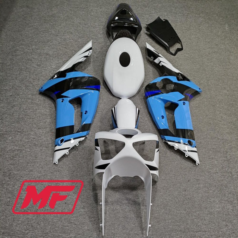 Load image into Gallery viewer, Monster Fairings Full Kit Kawasaki ZX-6R 03-04 Gloss Blue and White + Windshield + Gas Tank Cover
