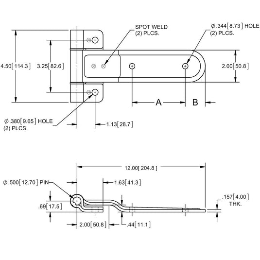Trailer Door 12" Reverse Strap Hinge, 2 hole, Steel, Zinc Plated