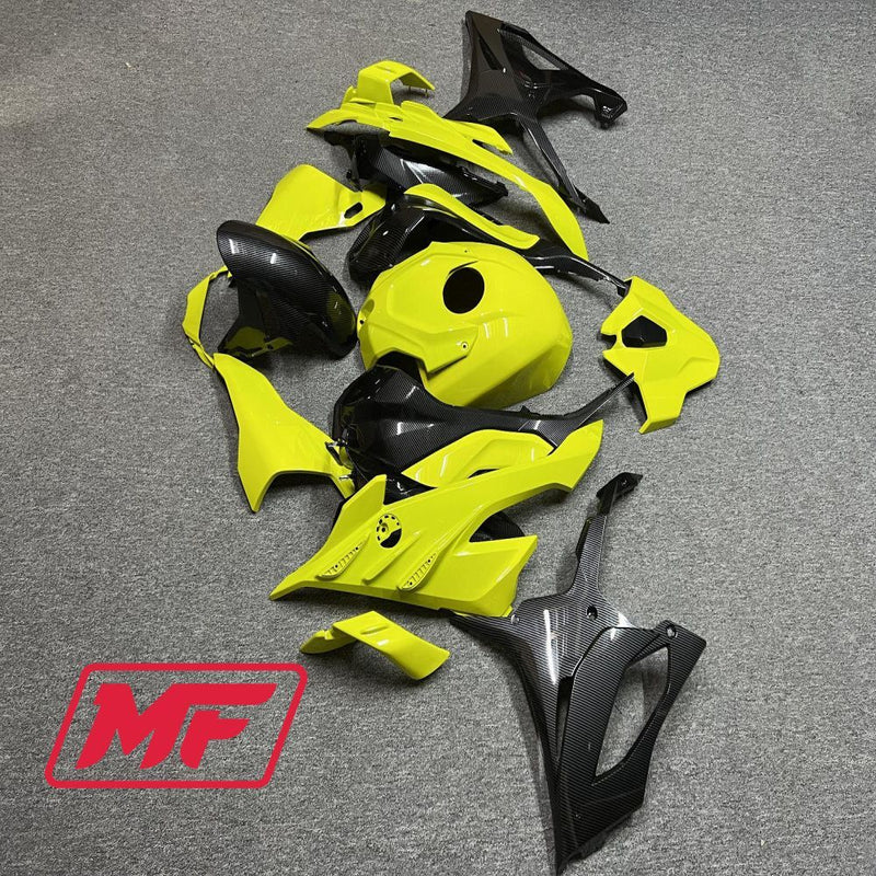 Load image into Gallery viewer, Monster Fairings Full Kit BMW S1000RR 23-2024 Gloss High Viz Yellow w/ Carbon Fiber Style + Windshield + Gas Tank Cover
