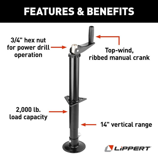 Lippert Quick Drop Drill-Operated Tongue Jack, 2,000 lbs, 14" Travel
