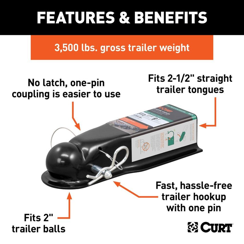 Load image into Gallery viewer, QuickPin No-Latch Trailer Coupler for 2 " Hitch Ball  (fits 2-1/2" Channel, 3,500 lbs)
