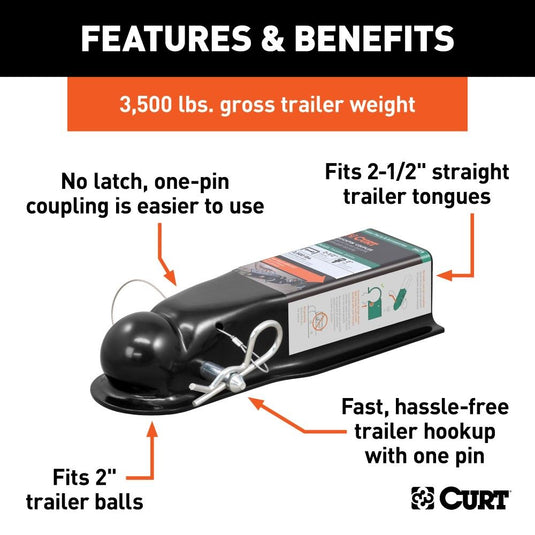 QuickPin No-Latch Trailer Coupler for 2 " Hitch Ball  (fits 2-1/2" Channel, 3,500 lbs)