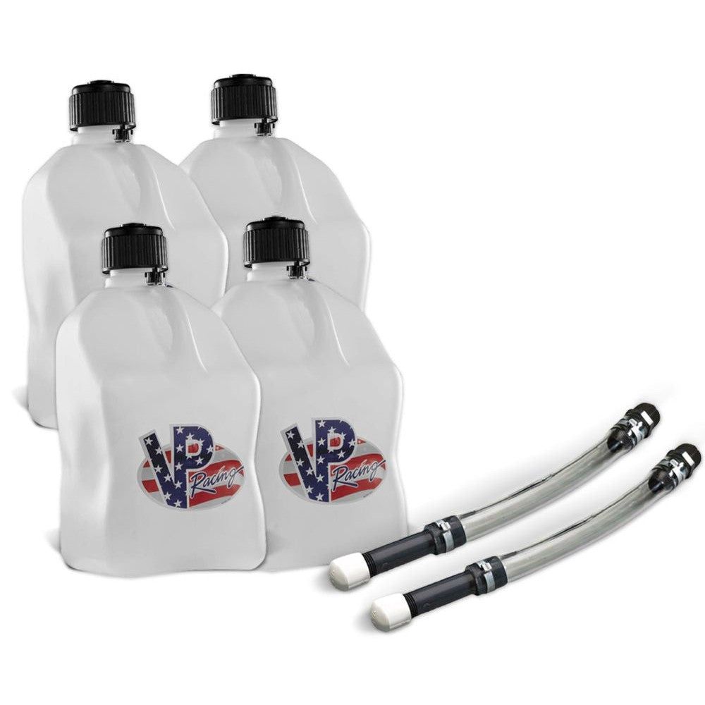 VP Racing 4 Pack Patriotic 5.5 Gallon Square Utility Jugs + 2 Deluxe Fill Hoses
