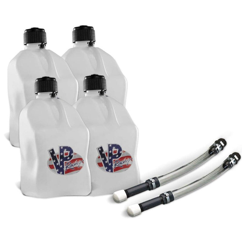 Load image into Gallery viewer, VP Racing 4 Pack Patriotic 5.5 Gallon Square Utility Jugs + 2 Deluxe Fill Hoses
