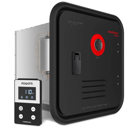 Fogatti InstaShower 9 Pro, 66,000 BTU RV Tankless Water Heater with Door & Mixing TankBlack 4/6 Gallon Door 15''x15''-Square