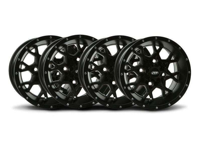 Load image into Gallery viewer, ITP Set of Four Storm Series Hurricane Wheels Black 14X7 4/110 2+5

