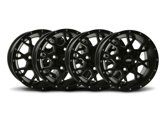 ITP Set of Four Storm Series Hurricane Wheels Black 14X7 4/110 2+5