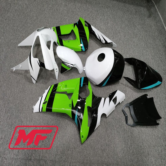 Monster Fairings Full Kit Kawasaki ZX-6R 03-04 Gloss Green and White + Windshield + Gas Tank Cover