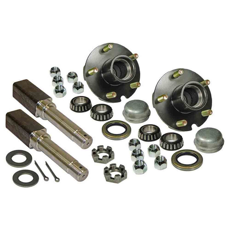 Load image into Gallery viewer, Pair of 5-Bolt on 4-1/2 Inch Hub Assemblies with Square Shaft 1 Inch Straight Spindles &amp; Bearings
