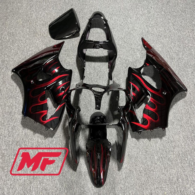 Load image into Gallery viewer, Monster Fairings Full Kit Kawasaki ZX6R 00-02 Gloss Black Red Flames + Windshield + Gas Tank Cover
