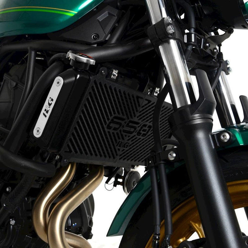 Load image into Gallery viewer, R&amp;G Racing Black Branded Radiator Guard For 2017-2024 Kawasaki Ninja 650 EX650
