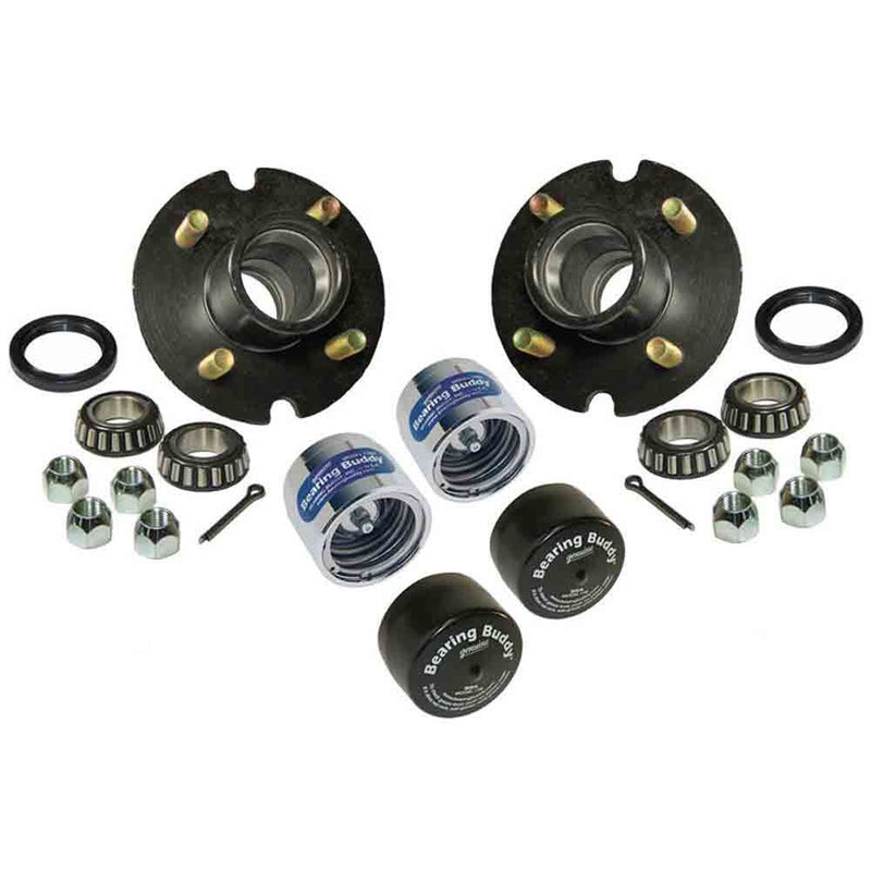Load image into Gallery viewer, Trailer Hub Assembly - 4 on 4" Bolt Circle, 1,250lb Capacity for 1-1/16 inch Straight Spindles With Chrome Bearing Buddies &amp; Bras

