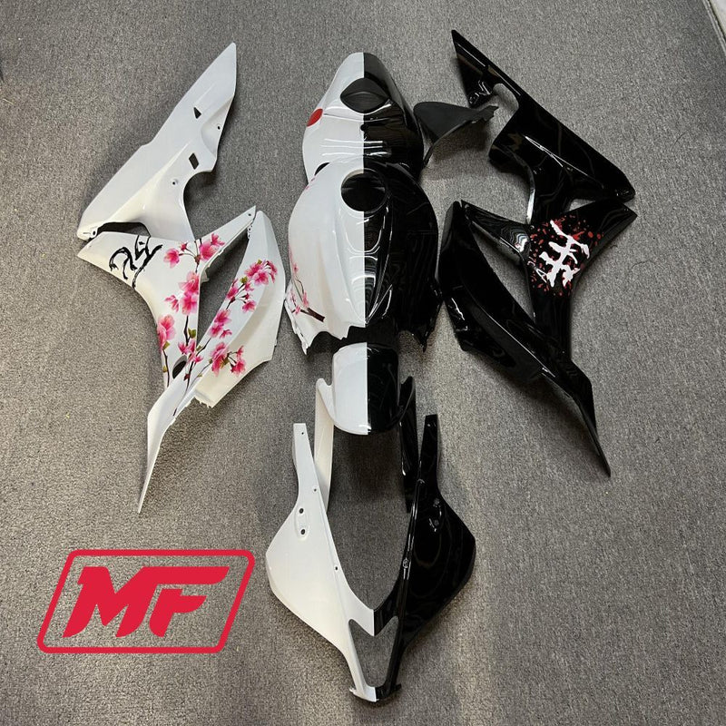 Load image into Gallery viewer, Monster Fairings Full Kit Honda CBR600RR 07-08 Gloss Black and White Split Cherry Blossom + Windshield + Gas Tank Cover
