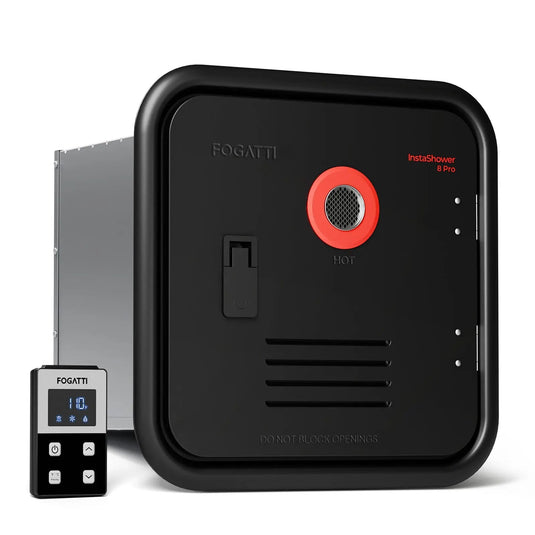 FOGATTI InstaShower 8 Pro, 60,000 BTU Propane RV Tankless Water HeaterBlack 10/12/16 Gallon Door 18''x18''-Square