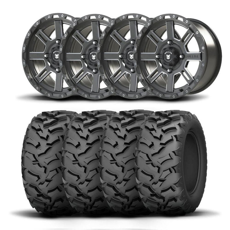 Load image into Gallery viewer, Set of Four Bullite Lancer Wheels 15&quot; Gray And Kenda K3203 Mastodon AT Tires [35x10R-15]
