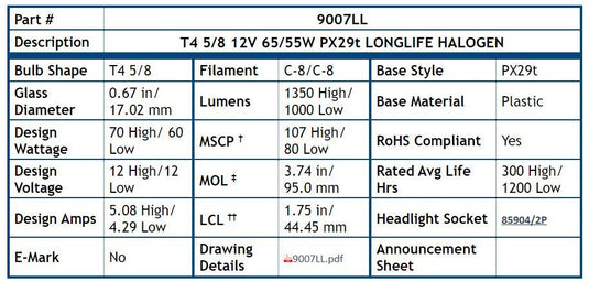 9007LL, T4, 12 Volt, 65/55 Watt, PX29t Long-Life Halogen Headlight Bulb - Application Specific