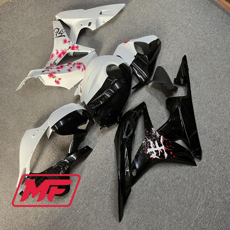 Load image into Gallery viewer, Monster Fairings Full Kit Honda CBR600RR 07-08 Gloss Black and White Split Cherry Blossom + Windshield + Gas Tank Cover
