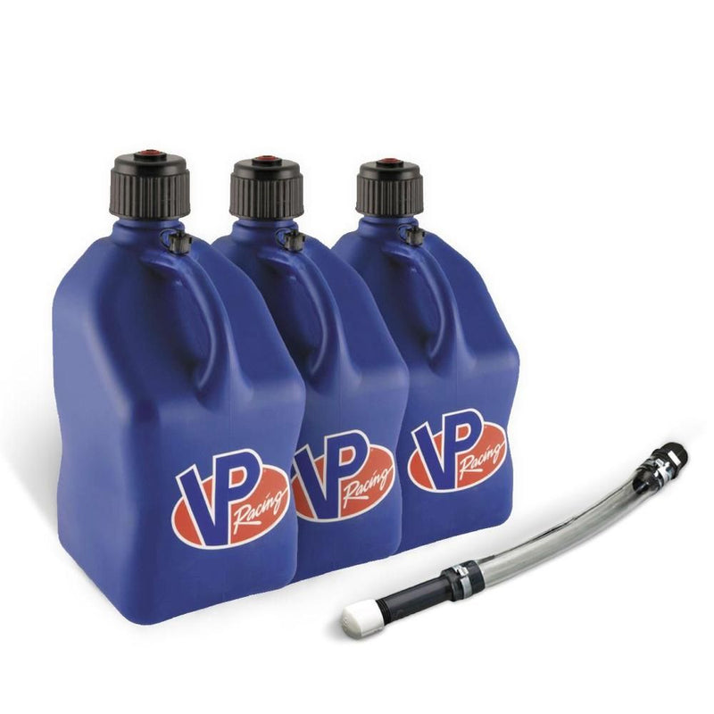 Load image into Gallery viewer, VP Racing 3 Pack Blue 5.5 Gallon Square Utility Jugs + Deluxe Fill Hose
