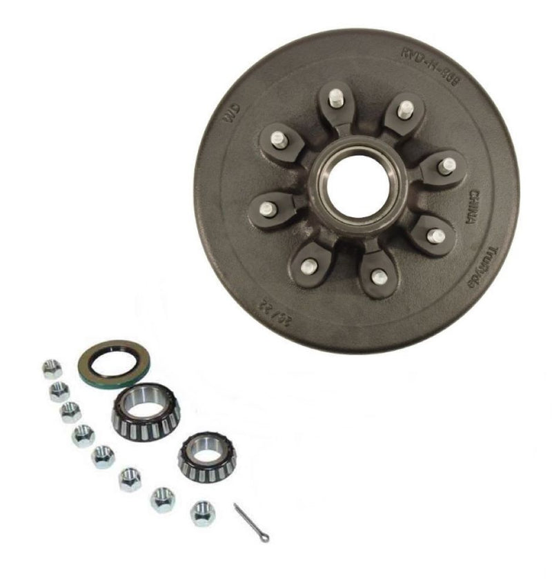 Load image into Gallery viewer, Trailer Hub/Drum Assembly With Bearings, 8 On 6-1/2&quot; Bolt Circle, 3,500 Lb. Capacity For 1-3/4&quot; To 1-1/4&quot; Tapered Spindle W/ EZ Lube Cap &amp; Plug (HD-1208-02-EZ)

