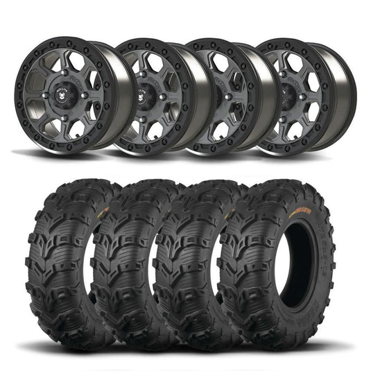Set of Four Bullite Ruler Wheels 14" Gray And Kenda K592 Bearclaw EVO Tires [28x11-14]