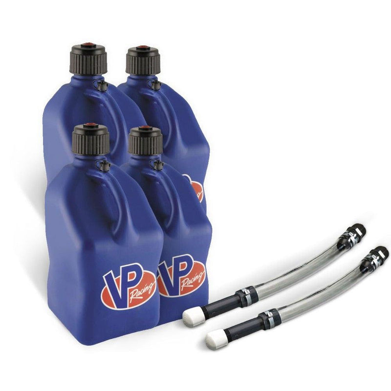 Load image into Gallery viewer, VP Racing 4 Pack Blue 5.5 Gallon Square Utility Jugs + 2 Deluxe Fill Hoses
