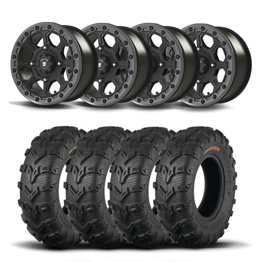 Set of Four Bullite Ruler Wheels 14" Gray And Kenda K592 Bearclaw EVO Tires [26x9-14]