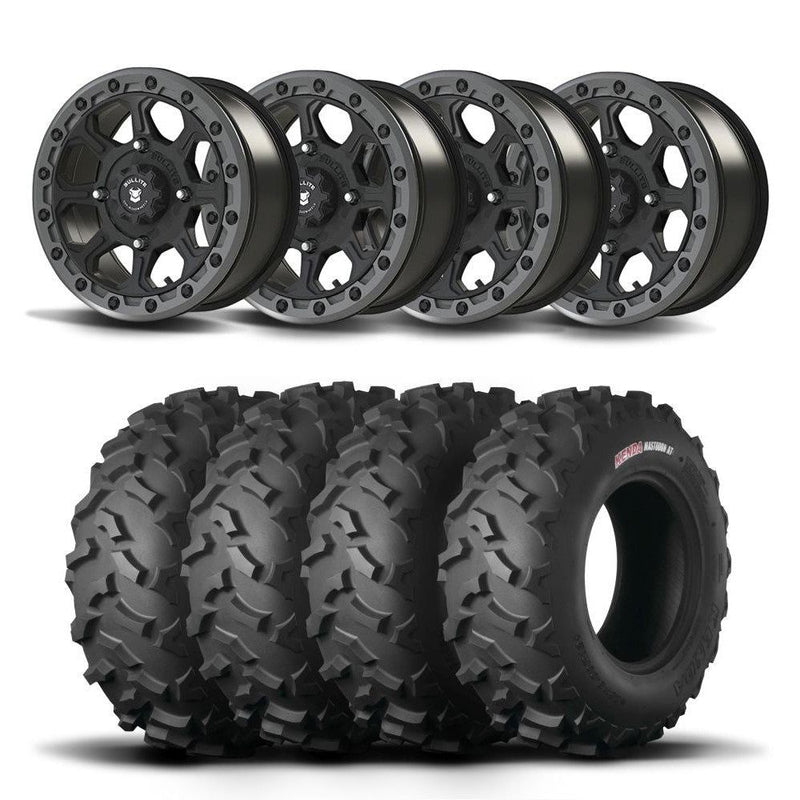 Load image into Gallery viewer, Set of Four Bullite Ruler Wheels 14&quot; Gray And Kenda K3203 Mastodon AT Tires [28x9R-14]
