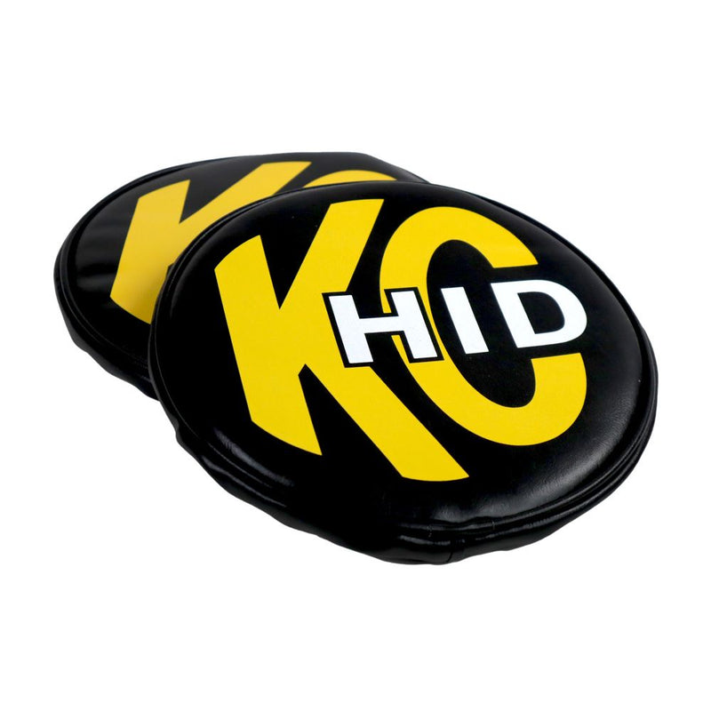 Load image into Gallery viewer, KC HiLiTES 8" Light Cover - Soft Vinyl - Pair - Black w/ Yellow KC HID Logo
