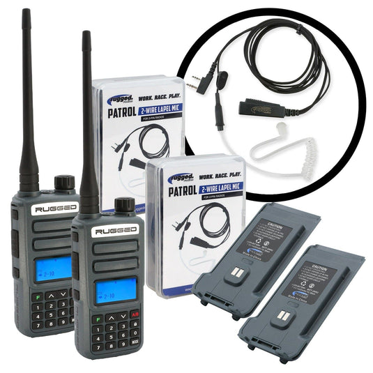 Rugged Radios GREAT OUTDOORS PACK - GMR2 PLUS GMRS and FRS Two Way Handheld Radios with Lapel Mics and XL Batteries RUGGED-OUTDOOR-PACK