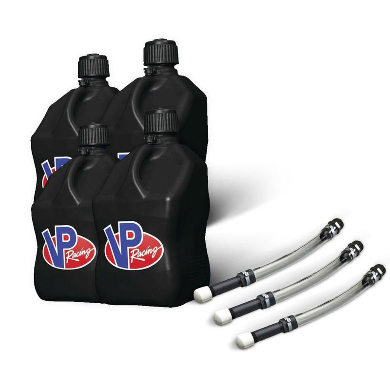 Load image into Gallery viewer, VP Racing 4 Pack Black 5.5 Gallon Square Utility Jugs + 3 Deluxe Fill Hoses

