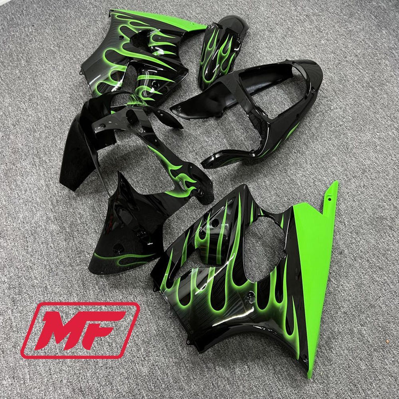 Load image into Gallery viewer, Monster Fairings Full Kit Kawasaki ZX-6R 00-02 Gloss Flame Green and Black + Windshield + Gas Tank Cover
