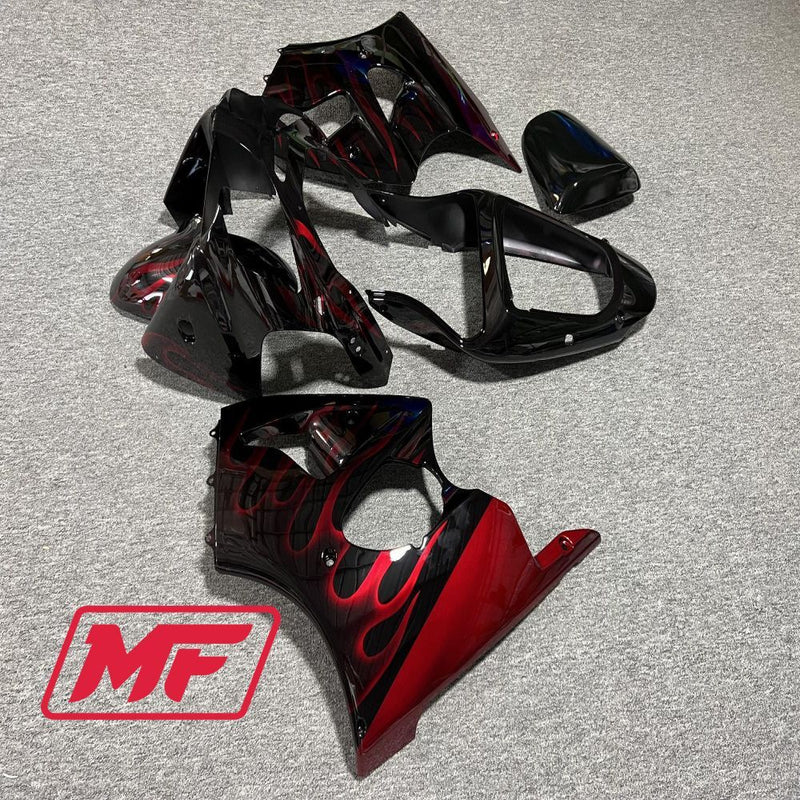 Load image into Gallery viewer, Monster Fairings Full Kit Kawasaki ZX6R 00-02 Gloss Black Red Flames + Windshield + Gas Tank Cover
